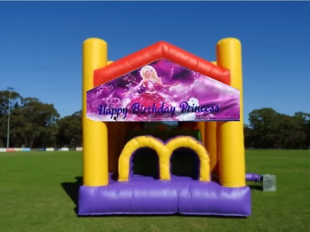 Obstacle bouncy castle with a banner theme party princess